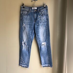 Zara Basic Z1975 Denim Pearl Embellished Distressed Jeans Size: US 2 EUR 34
